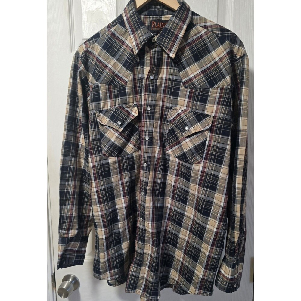 Vintage Plains Western Wear Metallic Thread Plaid Shirt Men's Large Pearl Snap